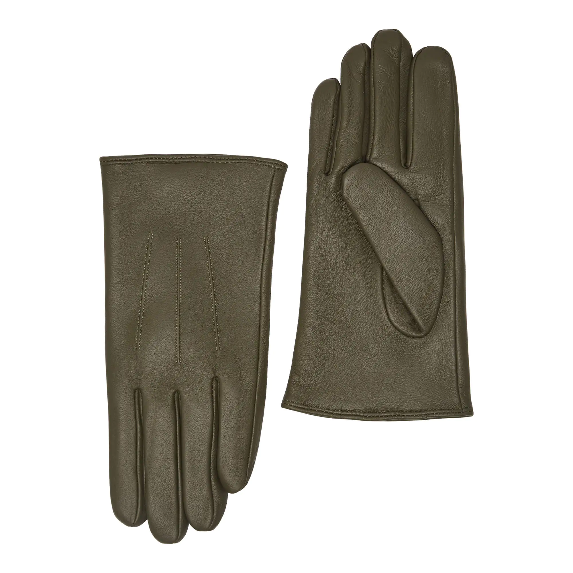 Moss leren heren winterhandschoenen met drie klassieke sierstiksels, voorzijde en handpalm naast elkaar afgebeeld.