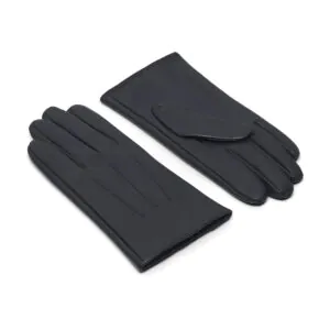 Navy leren heren winterhandschoenen met drie klassieke sierstiksels, bovenkant en handpalm zichtbaar.