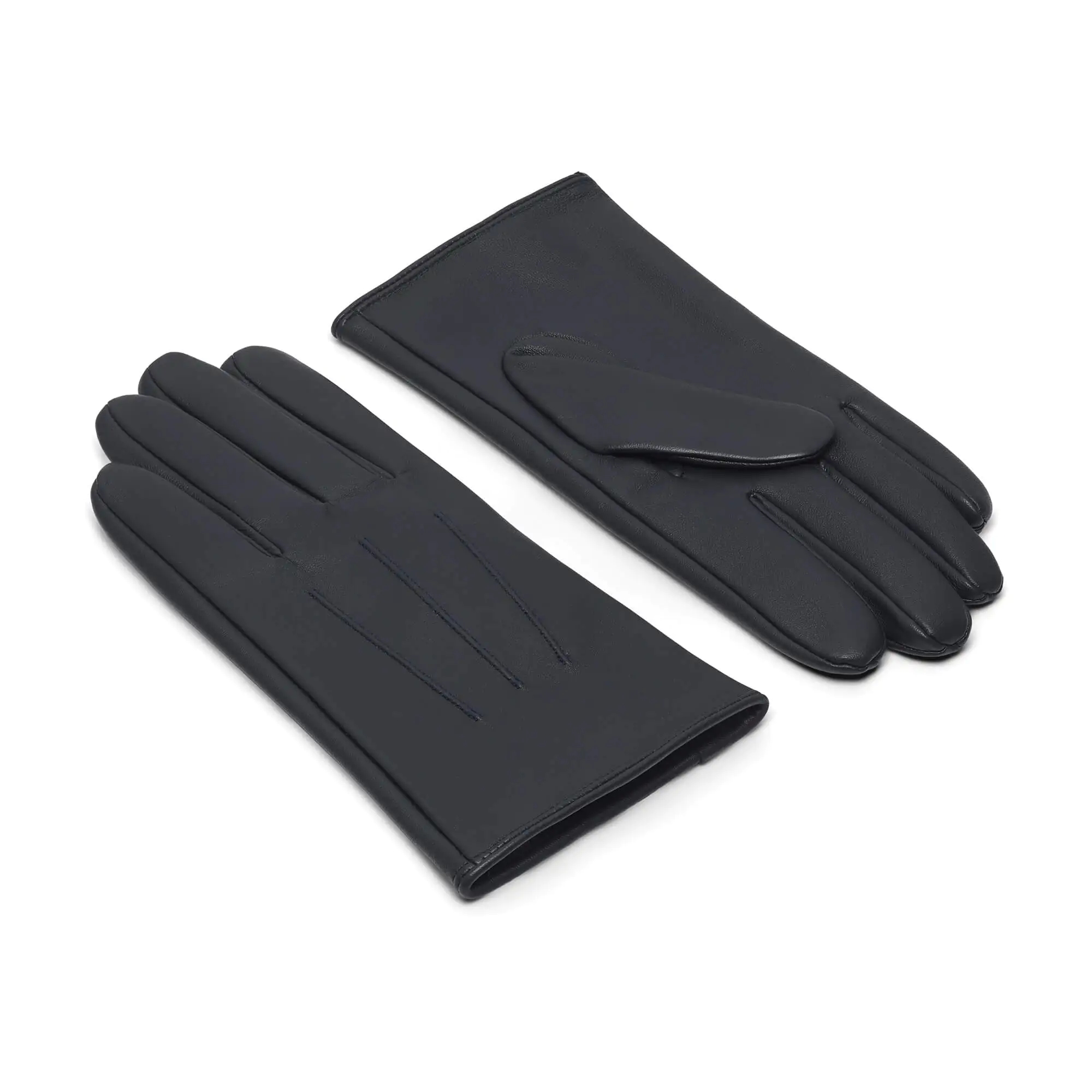 Navy leren heren winterhandschoenen met drie klassieke sierstiksels, bovenkant en handpalm zichtbaar.