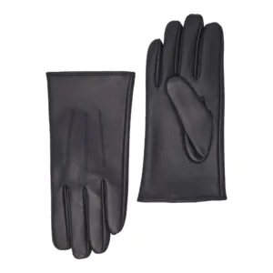Navy leren heren winterhandschoenen met drie klassieke sierstiksels, voorzijde en handpalm naast elkaar afgebeeld.