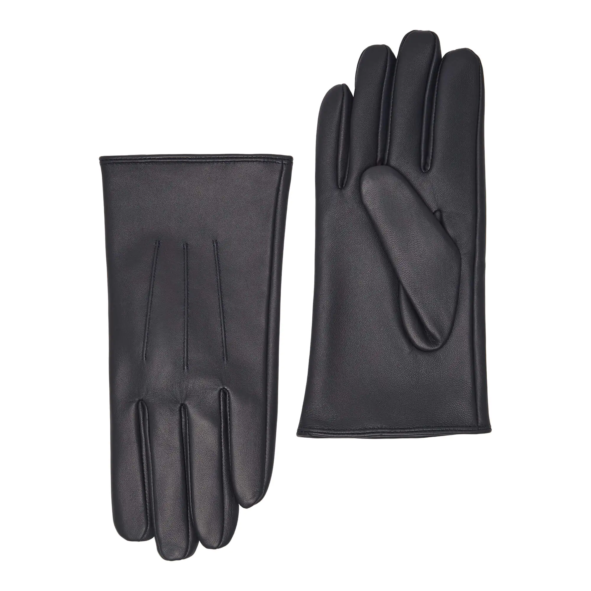 Navy leren heren winterhandschoenen met drie klassieke sierstiksels, voorzijde en handpalm naast elkaar afgebeeld.
