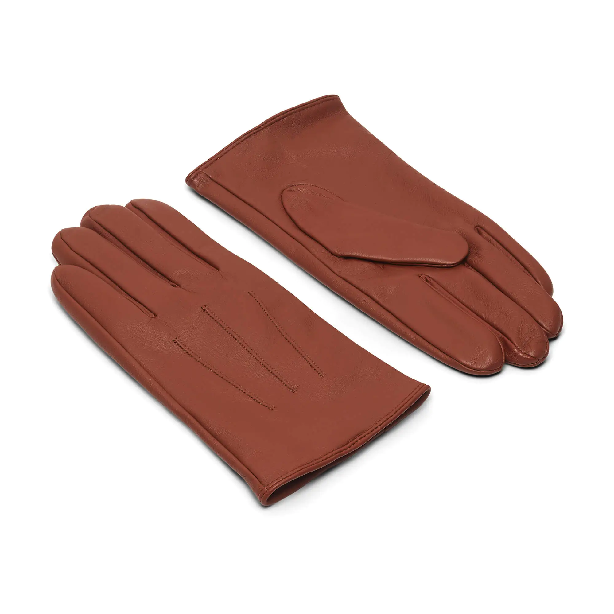 Terra leren heren winterhandschoenen met drie klassieke sierstiksels, bovenkant en handpalm zichtbaar.