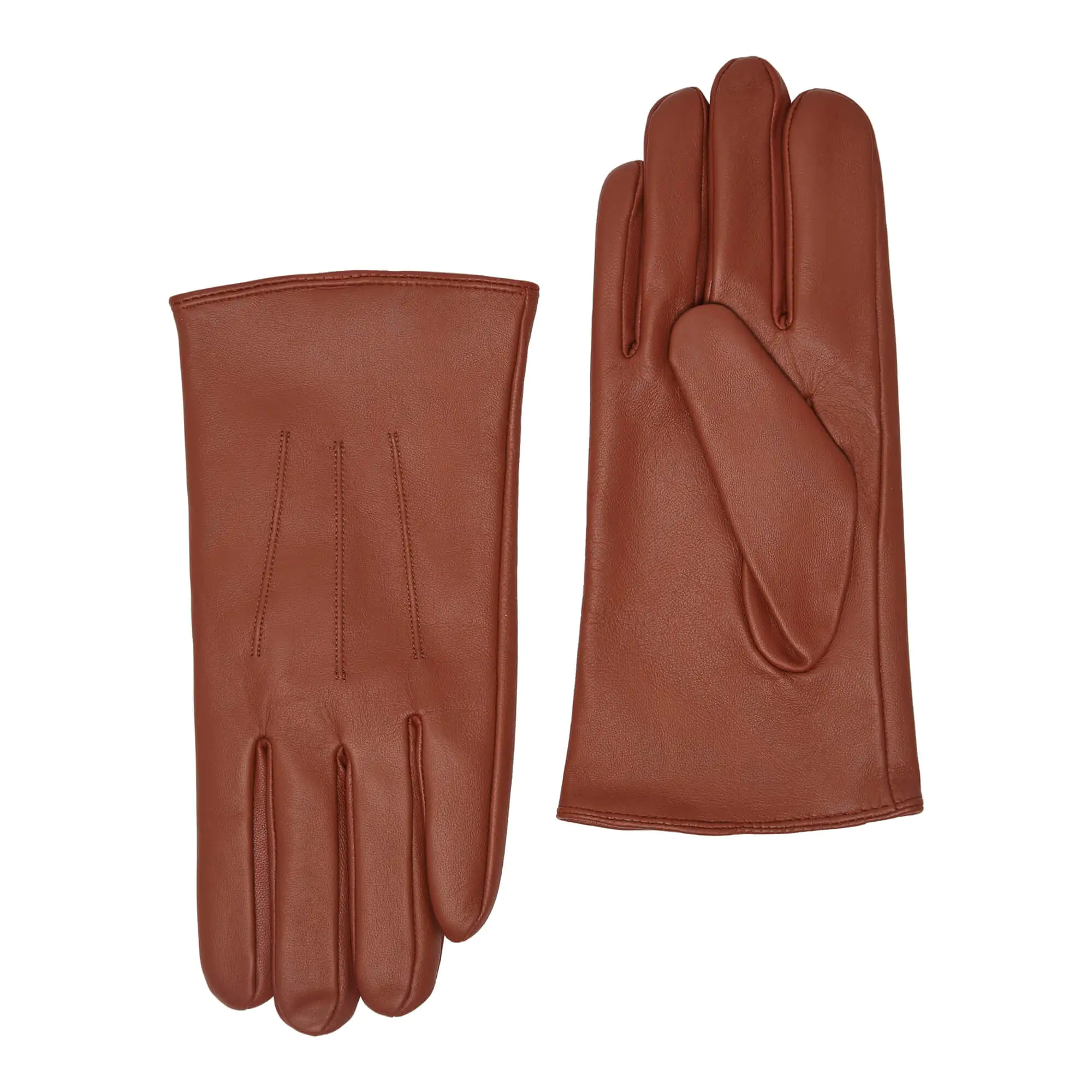 Terra leren heren winterhandschoenen met drie klassieke sierstiksels, voorzijde en handpalm naast elkaar afgebeeld.