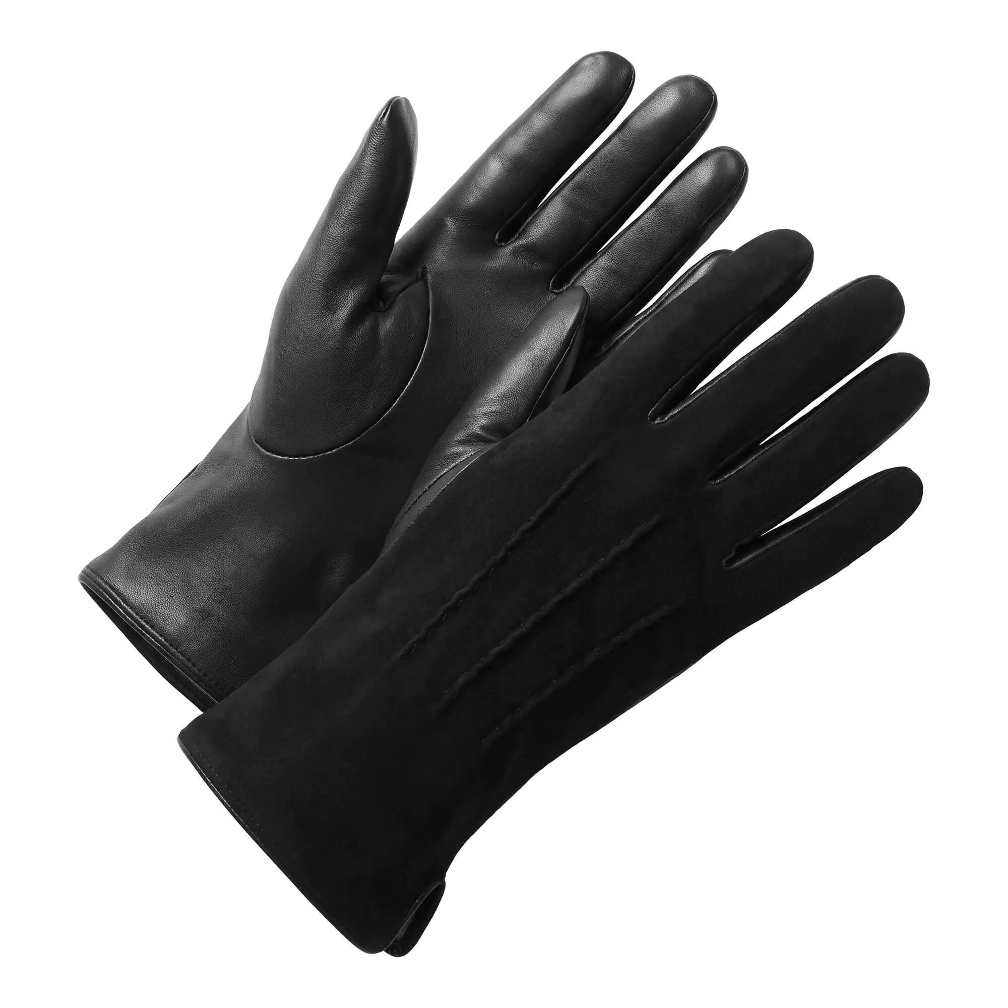 Zwart suede leren heren winterhandschoenen met drie klassieke sierstiksels op de bovenzijde.