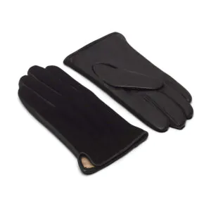 Zwart suede leren heren handschoenen met drie klassieke sierstiksels, bovenkant en handpalm zichtbaar.