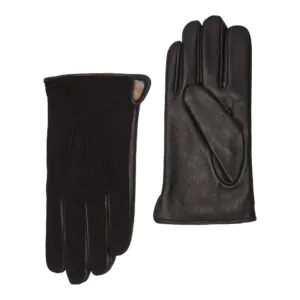 Zwarte suede leren heren handschoenen met drie klassieke sierstiksels, voorzijde en handpalm naast elkaar afgebeeld.