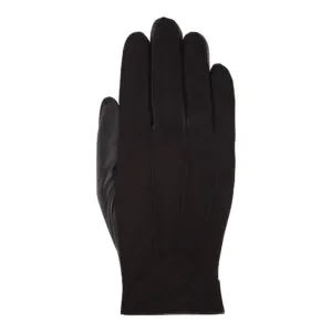 Zwart suede leren heren handschoen met drie klassieke sierstiksels, bovenaanzicht met verfijnde leerdetails.